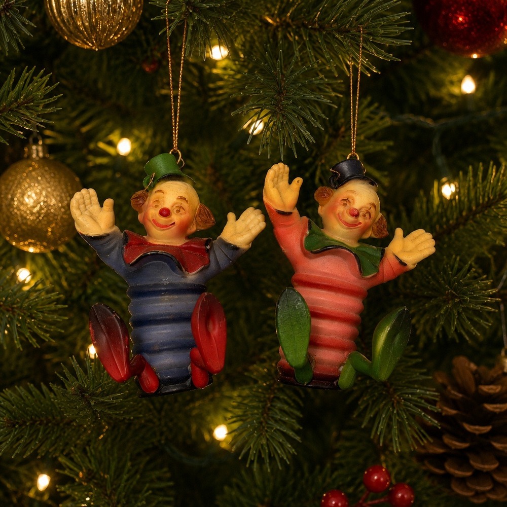 Vintage Hong Kong Accordion Clown Christmas Ornaments Set of 2 Retro Circus Toy